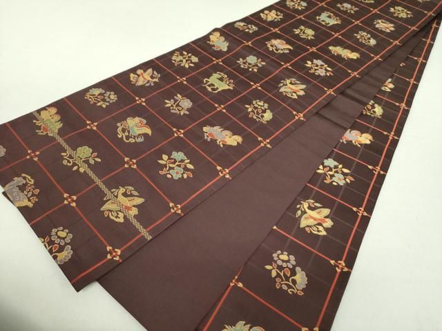 平和屋着物○名物裂一筋 西陣・あらいそ謹製 全通柄 本袋帯 格子鳥獣花