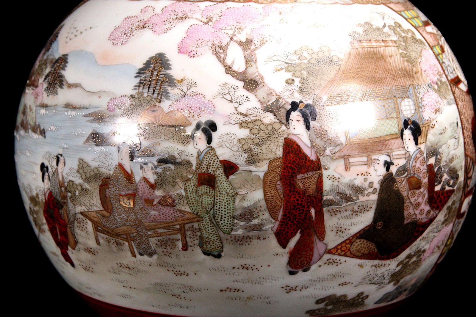 明治期 加賀國 九谷焼 赤絵楼閣山水文花瓶 36.5cm唐物 骨董 古