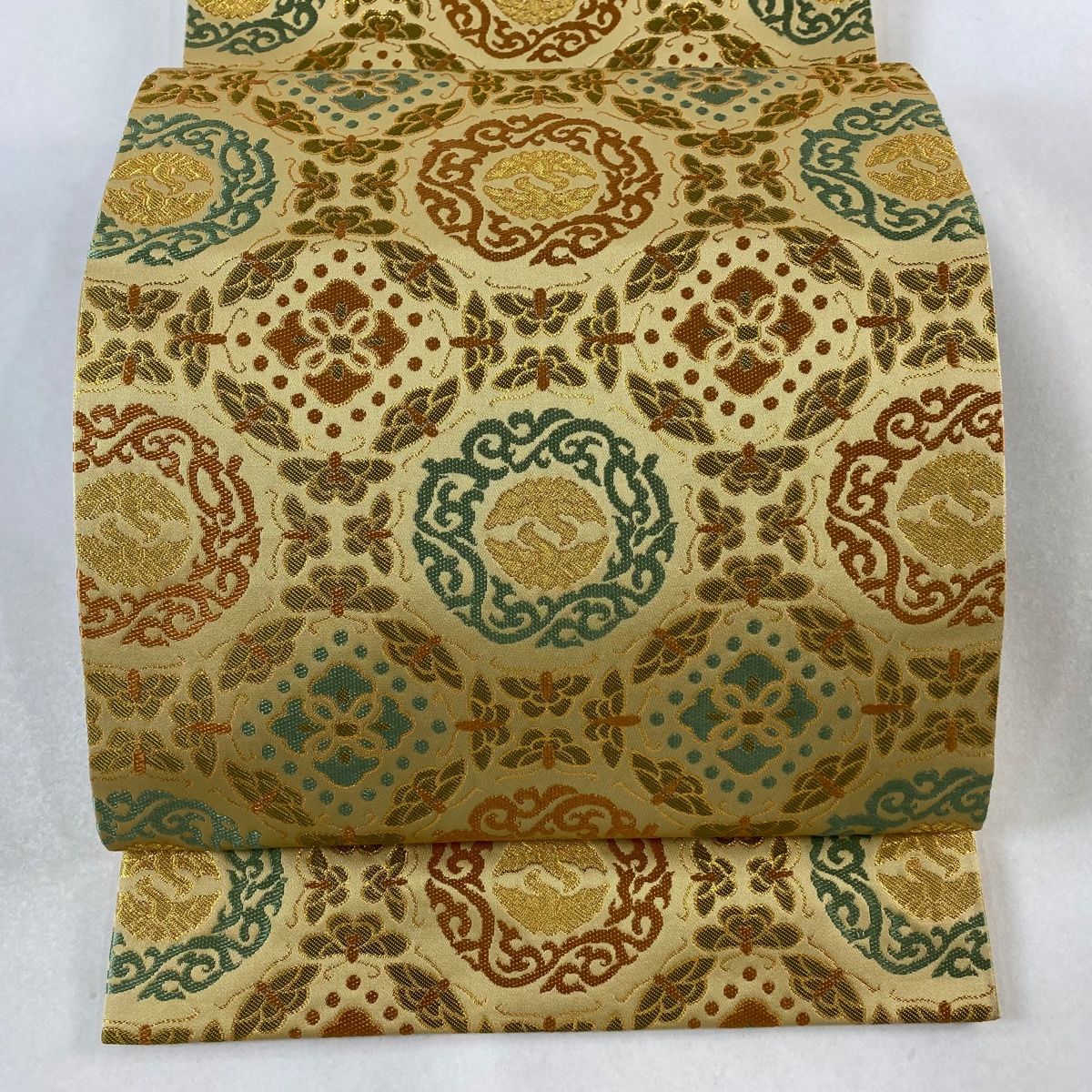 龍村 袋帯 緑 金 袋帯 美品 逸品 龍村晋 落款 天平向鳥蝶文錦 蜀江文 唐草 金糸