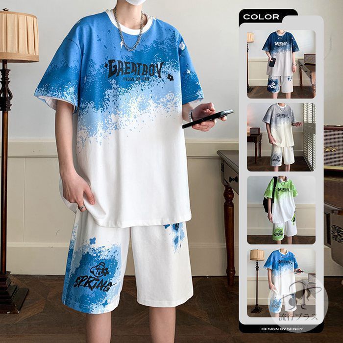 セットアップ メンズ 綿 夏 上下セット グラデーション 2点セット 清涼 半袖tシャツ ショートパンツ 切り替え ツ ジャージ 上下 夏物makedi01用意77