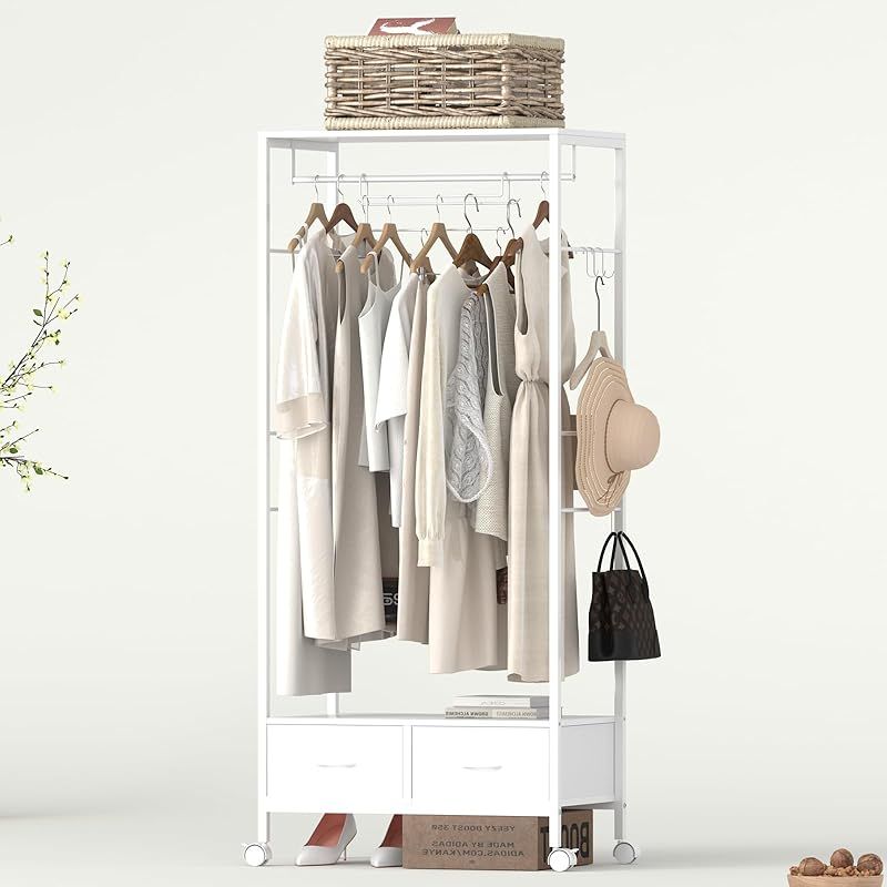 LunarLight スリムハンガーラック 幅70×奥行42×高さ160cm 耐荷重80kg ロング丈の服を収納 移動式|固定式2WAY 引き出し2個付き 組立簡単30分 おしゃれ収納 クローゼット ワードローブ ハンガー1本無料プレゼント ホワイト 1