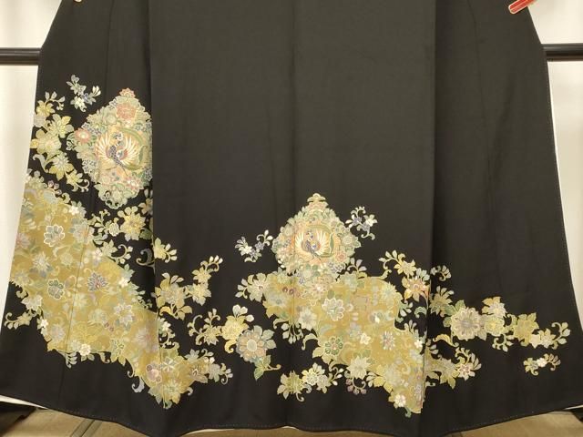 平和屋着物□豪華黒留袖 駒刺繍 鳳凰更紗花唐草文 金彩 正絹