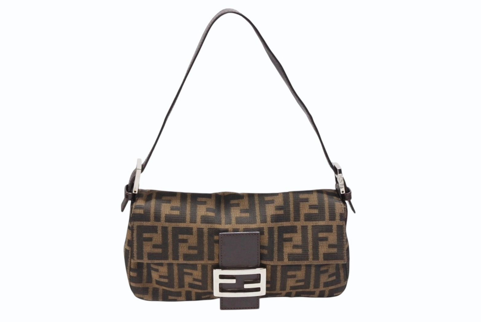 FENDI フェンディ マンマバケット ワンショルダーバッグ 26424 ズッカ柄 キャンバス レザー ブラウン シルバー金具 4b008370