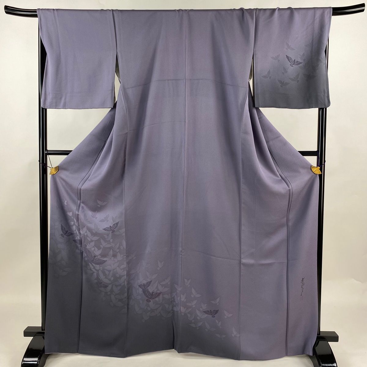 付下げ 身丈168cm 裄丈68.5cm L 袷 斉藤三才 落款 鳥 ぼかし 薄紫 正絹 秀品
