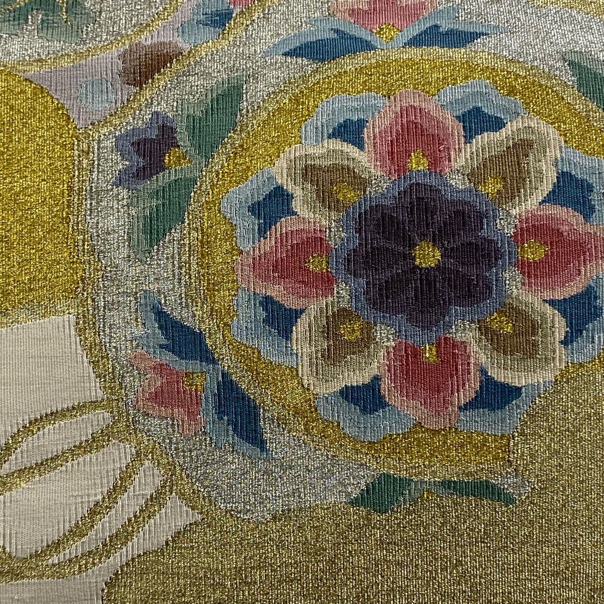 名古屋帯 松葉仕立て 八寸名古屋帯 トンネル仕立て 鏡裏文 雲文 金銀糸 クリーム 正絹