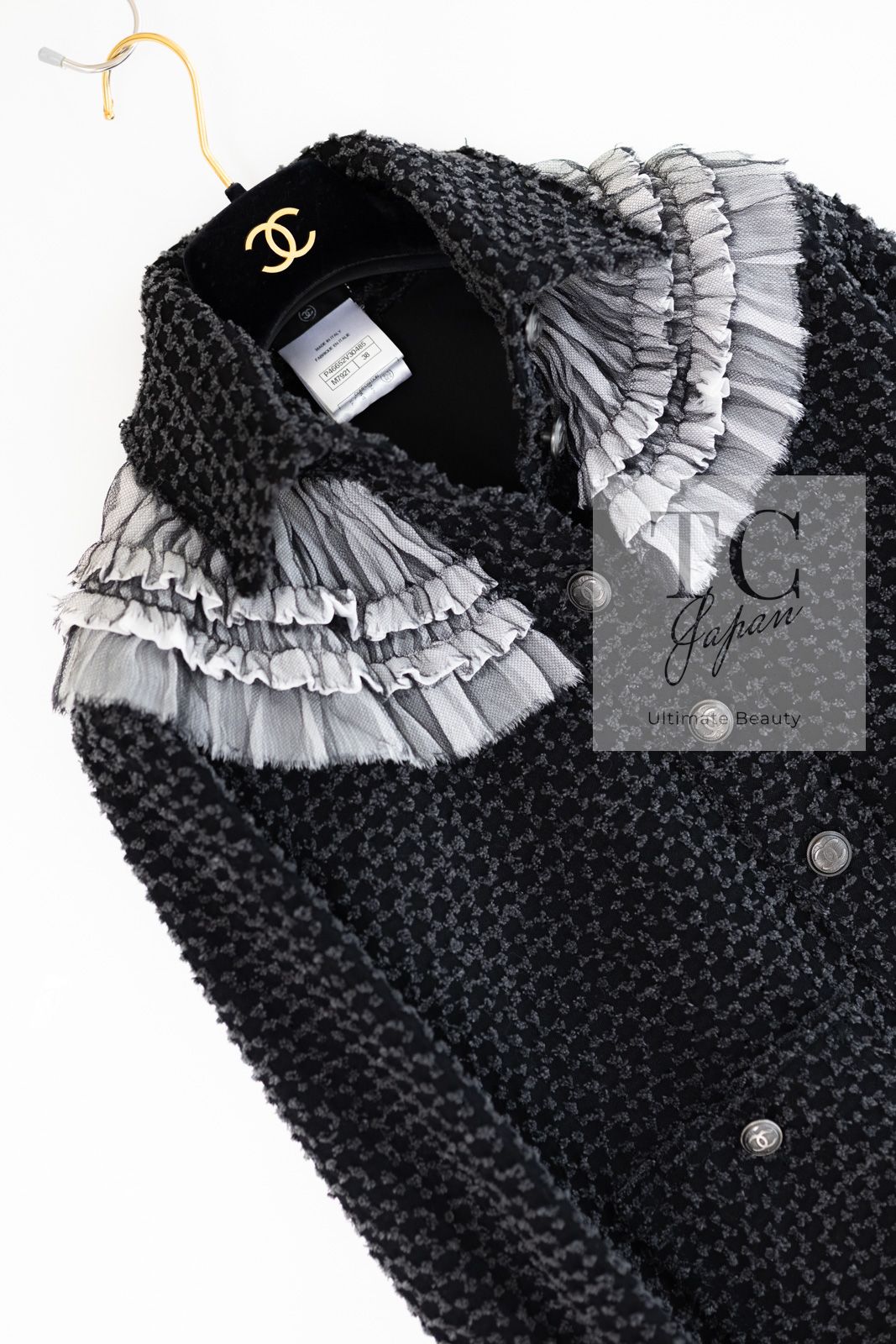 シャネル ジャケット CHANEL チャコールグレー ブラック 黒 ラッフル