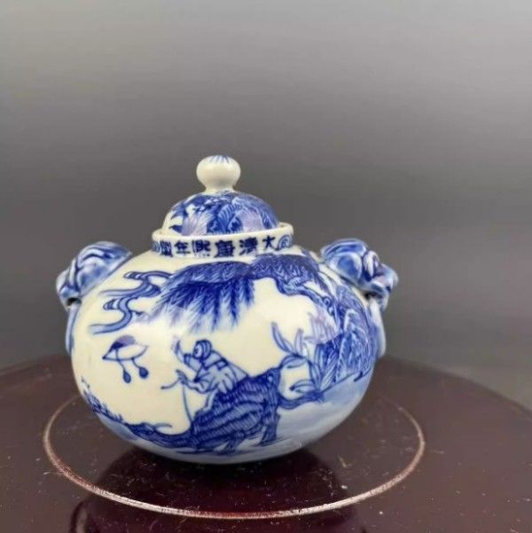 青花人物物語双獅耳蓋缶 茶道具 景徳鎮 陶磁器 装飾品 現代工芸品 美術品 置物 新品】青花人物物語双獅耳蓋缶 茶道具 景徳鎮 陶磁器 装飾品