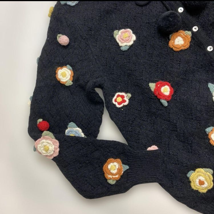 ピンクハウス 黒 カラフルお花モチーフ使い ニットカーディガン 長袖 カーディガン ボレロ アンサンブル