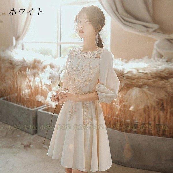 パーティドレス 結婚式 披露宴 Aラインドレス 膝丈ワンピース レディース 二次会ドレス 七分丈袖 上品 発表会演奏会 ギフト膝丈刺繍 ウエディングドレス20代30代