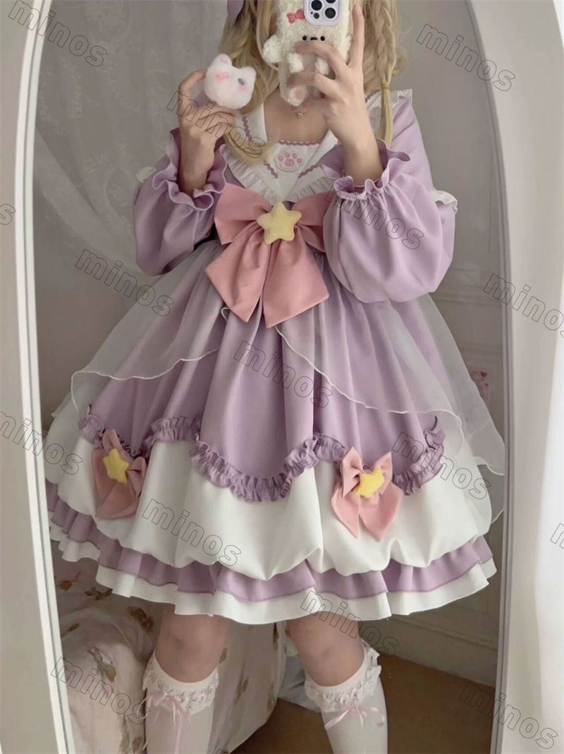 ゆめかわ パステルブルー パープル 長袖 ドレス リボン 姫 華ロリ サブカル 服 ガーリー系 ロリータ ロリィタ バンギャ