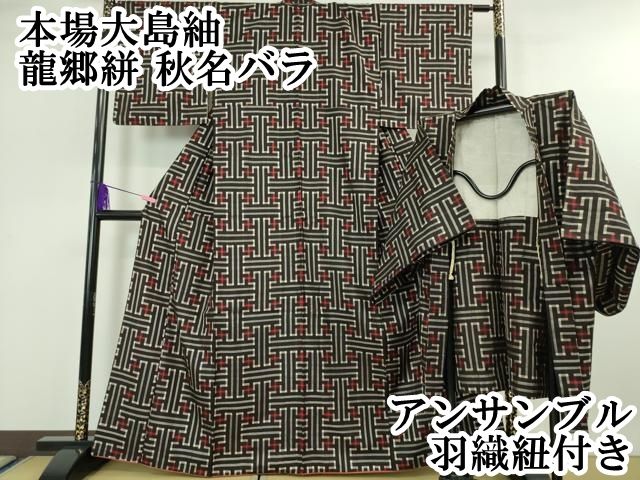 平和屋本店 本場大島紬 龍郷絣 秋名バラ アンサンブル 羽織紐付き DZAA4924kh5