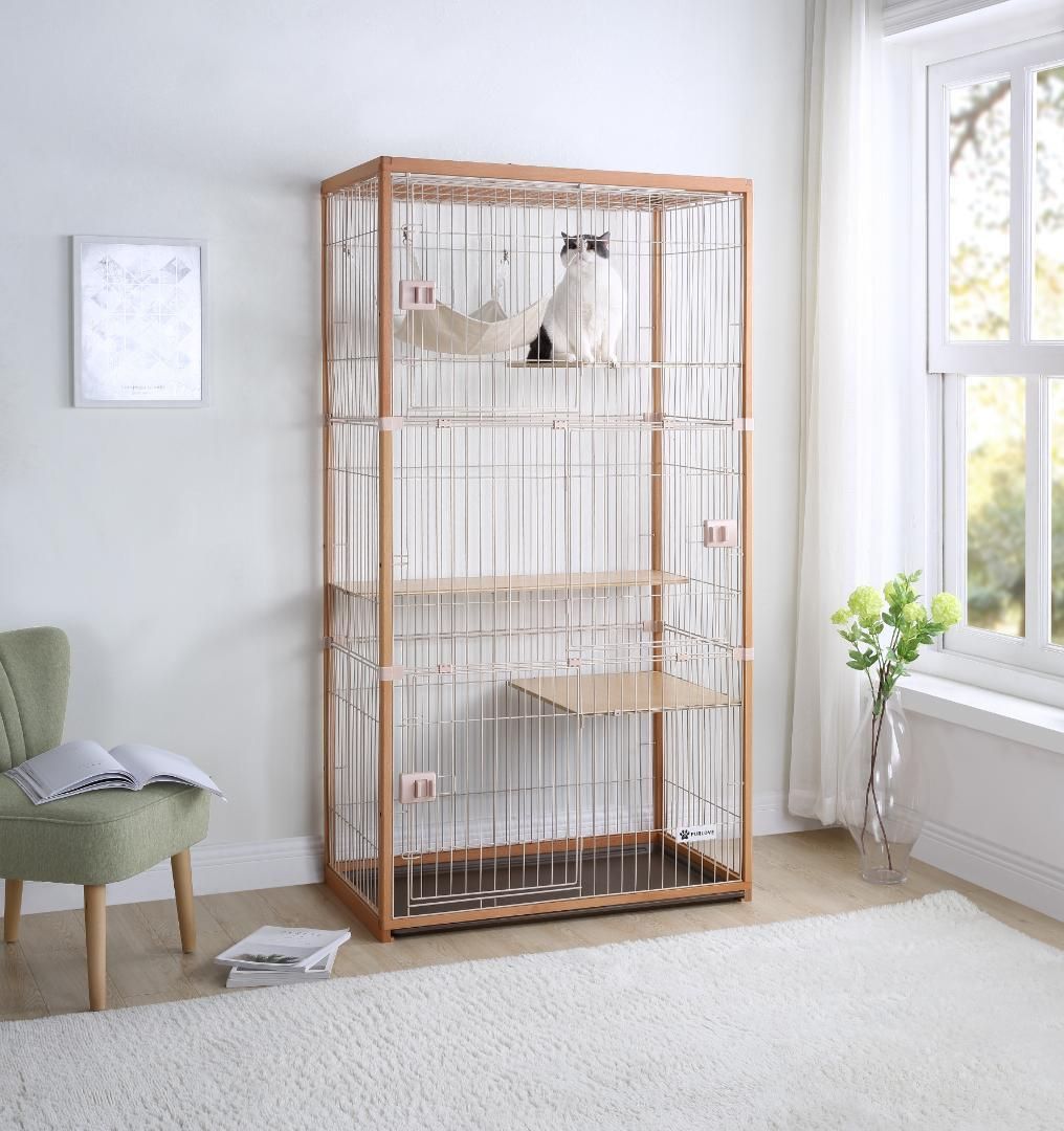 猫用品 猫 ケージ キャットケージ 3段 木製フレーム ハンモック付 広々