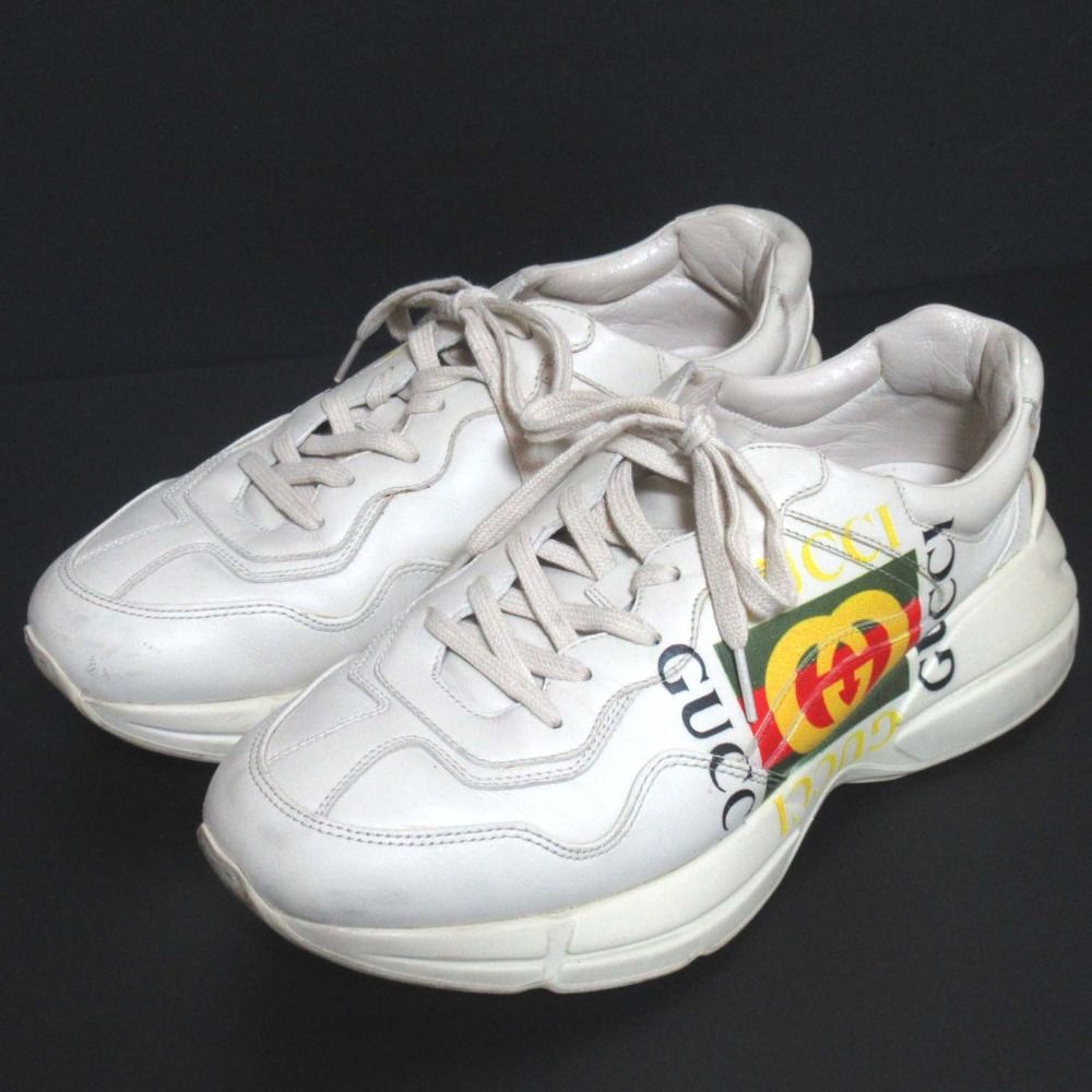 良品 GUCCI グッチ Rhyton ライトン ロゴプリント レザー ダッドシューズ スニーカー 500878 8サイズ 26cm アイボリー ベージュ系 メンズ 古着 中古 USED