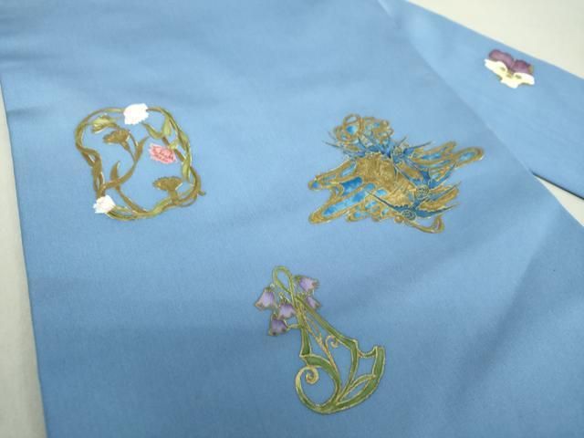 平和屋着物○塩瀬 九寸名古屋帯 作家物 手描き 花鳥文 金彩 正絹