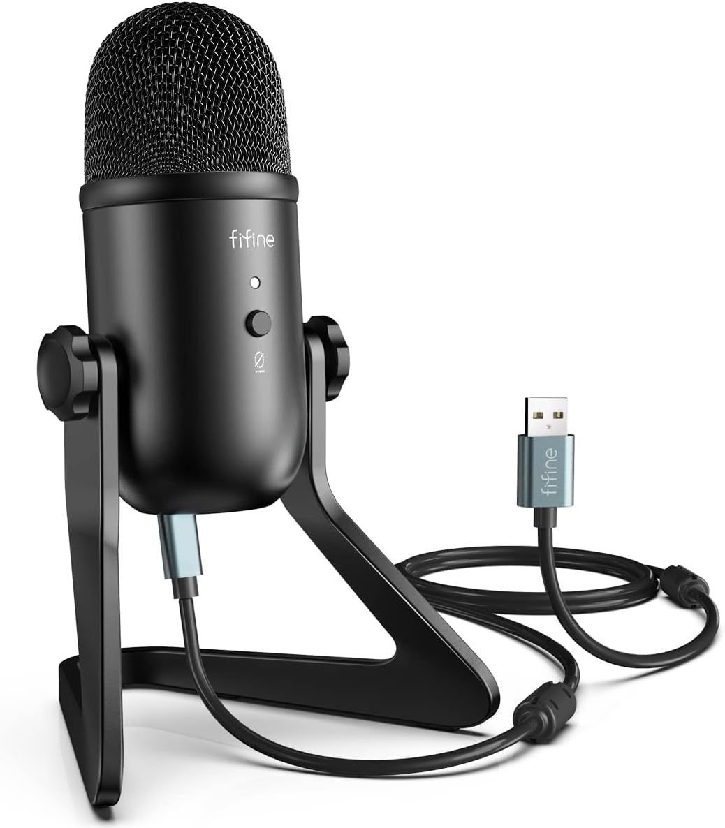 FIFINE USBマイク コンデンサーマイク 単一指向性 3.5mmイヤホン端子付き 入力出力の音量調整 回転マイクスタンド ABタイプUSBケーブル アームスタンド対応 ブラックカラー K678 N28