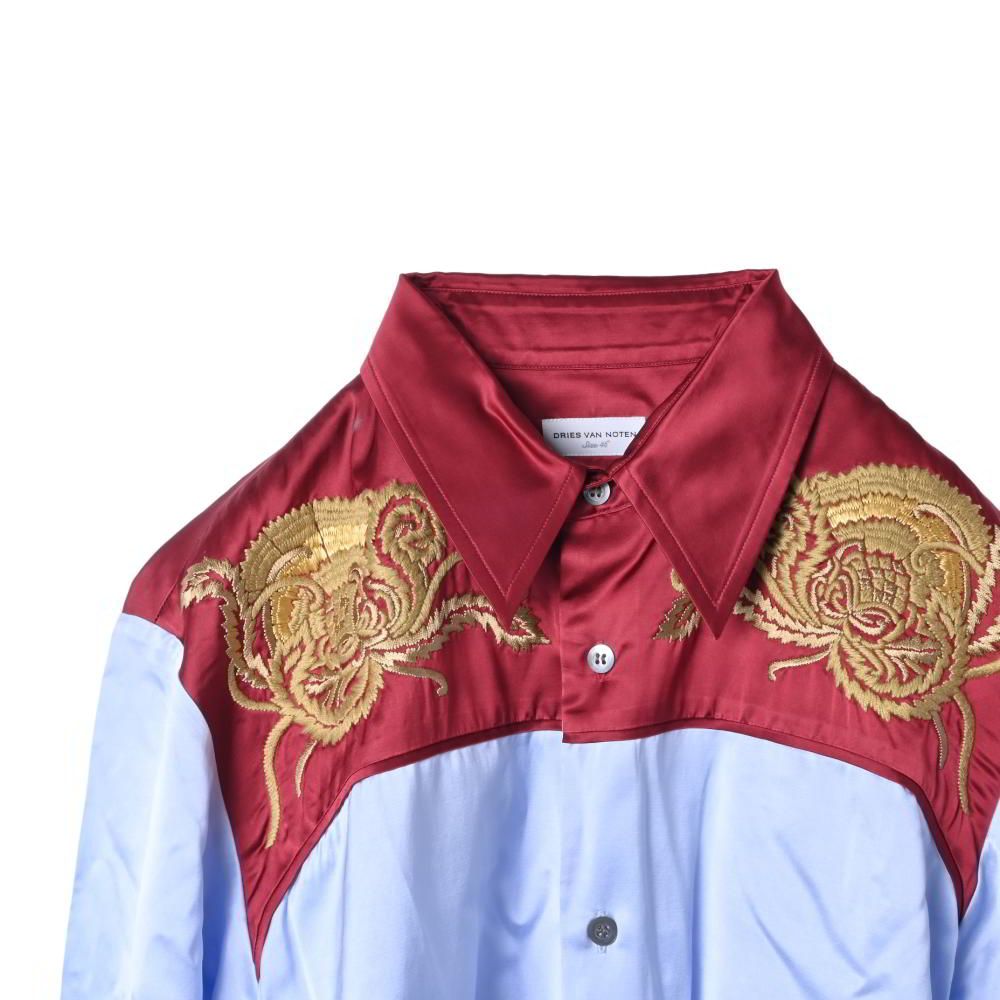 DRIES VAN NOTEN 刺繍 レーヨン混 シャツ 46 ライトブルー ドリス