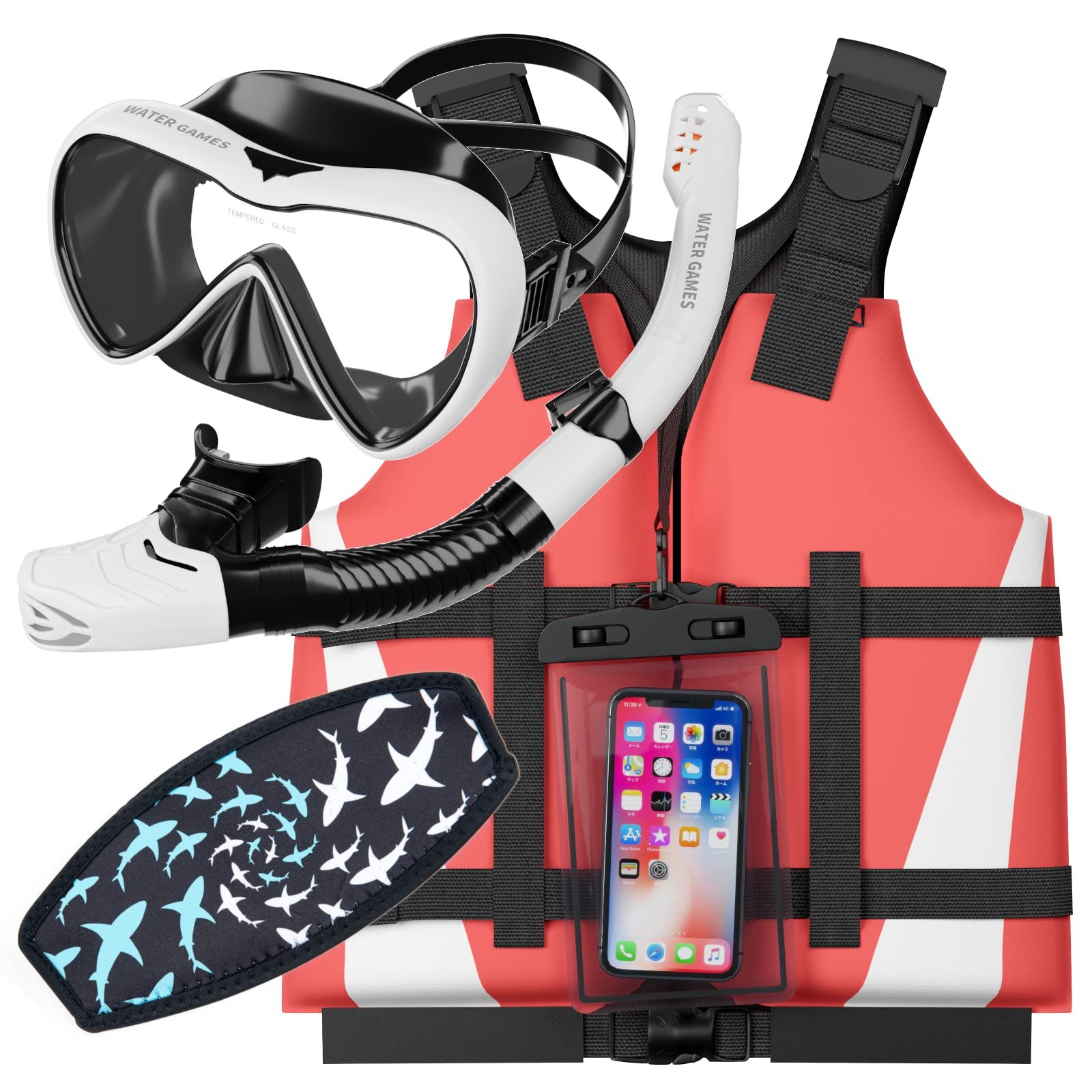 WATER GAMES シュノーケル マスク ライフベスト3点セット 防水スマホケース マスクストラップカバー付き Lセット Lセット