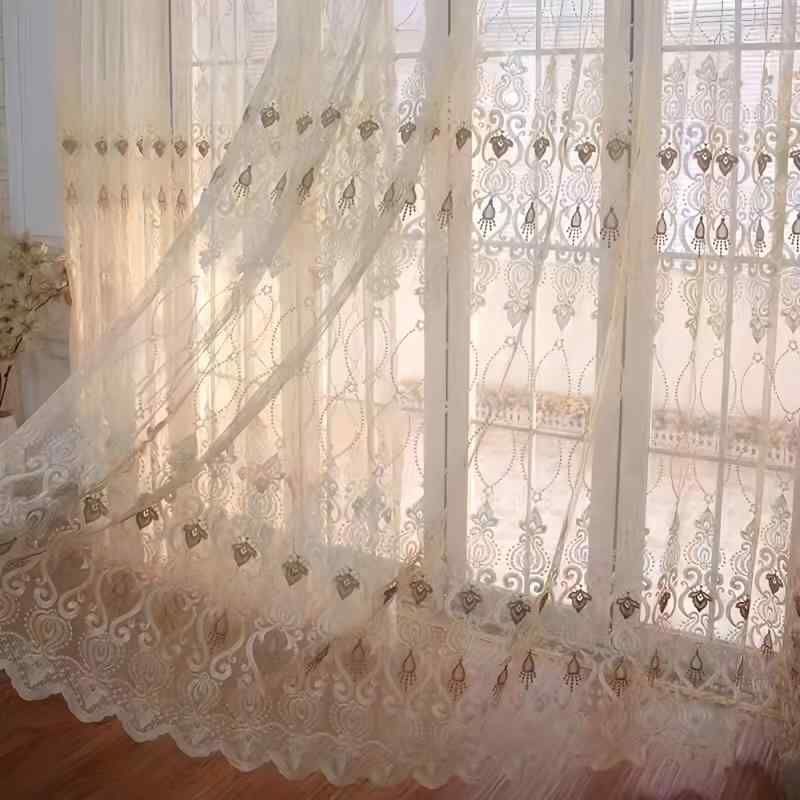 Mi新生活 北欧風 豪華 レースカーテン 透け感あり 刺繍 通気性 花柄 オーダー 目隠し効果 通気性 リビング 幅150cm丈208cm 2枚組 ベージュ