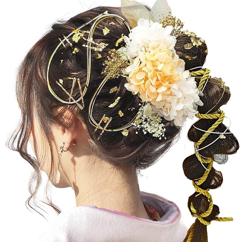 [JZOON] 髪飾り 成人式 ドライフラワー 水引 金箔 銀箔 カスミソウ 組紐 人気 ロープ ヘアアクセサリー 前撮り 振袖 卒業式 結婚式 和装 袴 着物 浴衣 ブライダル 花嫁 ヘッドパーツ ゴールドピ