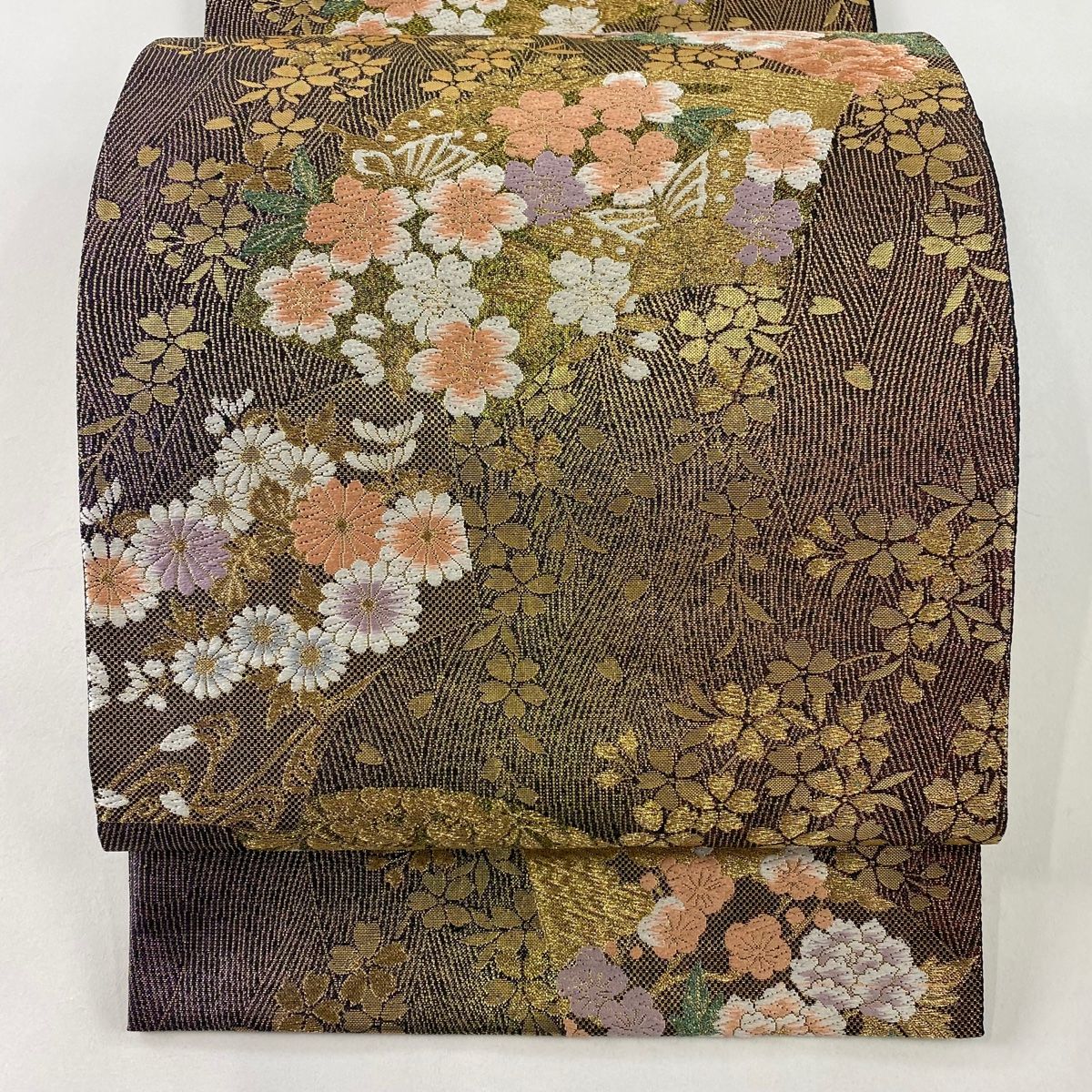 袋帯 秀品 扇面 蝶 金糸 唐織 茶紫 六通 正絹