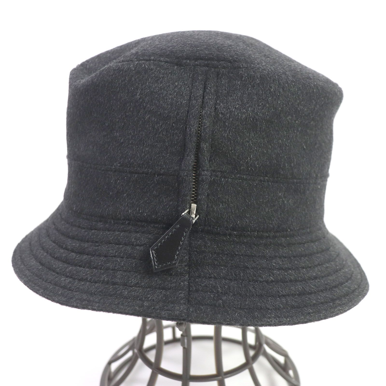 極美品 HERMES エルメス ジップデザイン カシミヤ100％ バケットハット 帽子 ハット ブラック 56 フランス製 正規品 メンズ