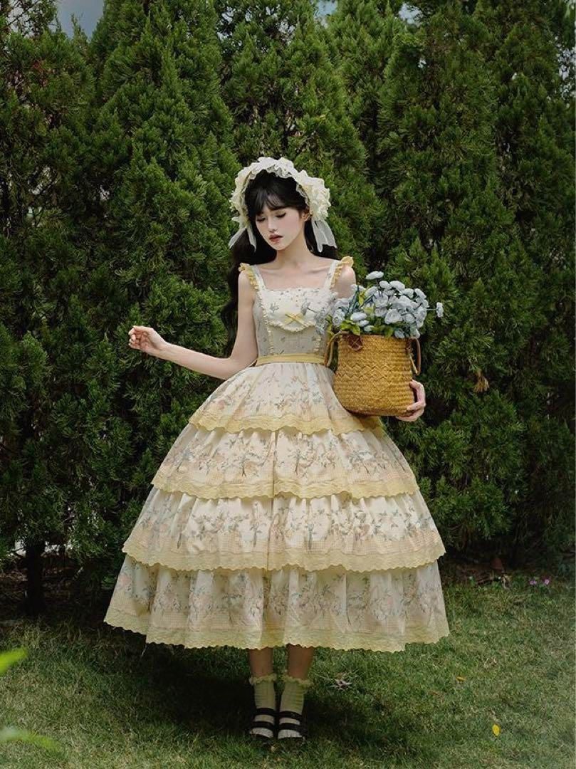 【朝花夕拾】田園プリント 刺繍四段振り jsk ロリータドレス 森ガール レッド 手紙と詩☆朝花夕拾】田園プリント刺繍四段振りjskロリータ