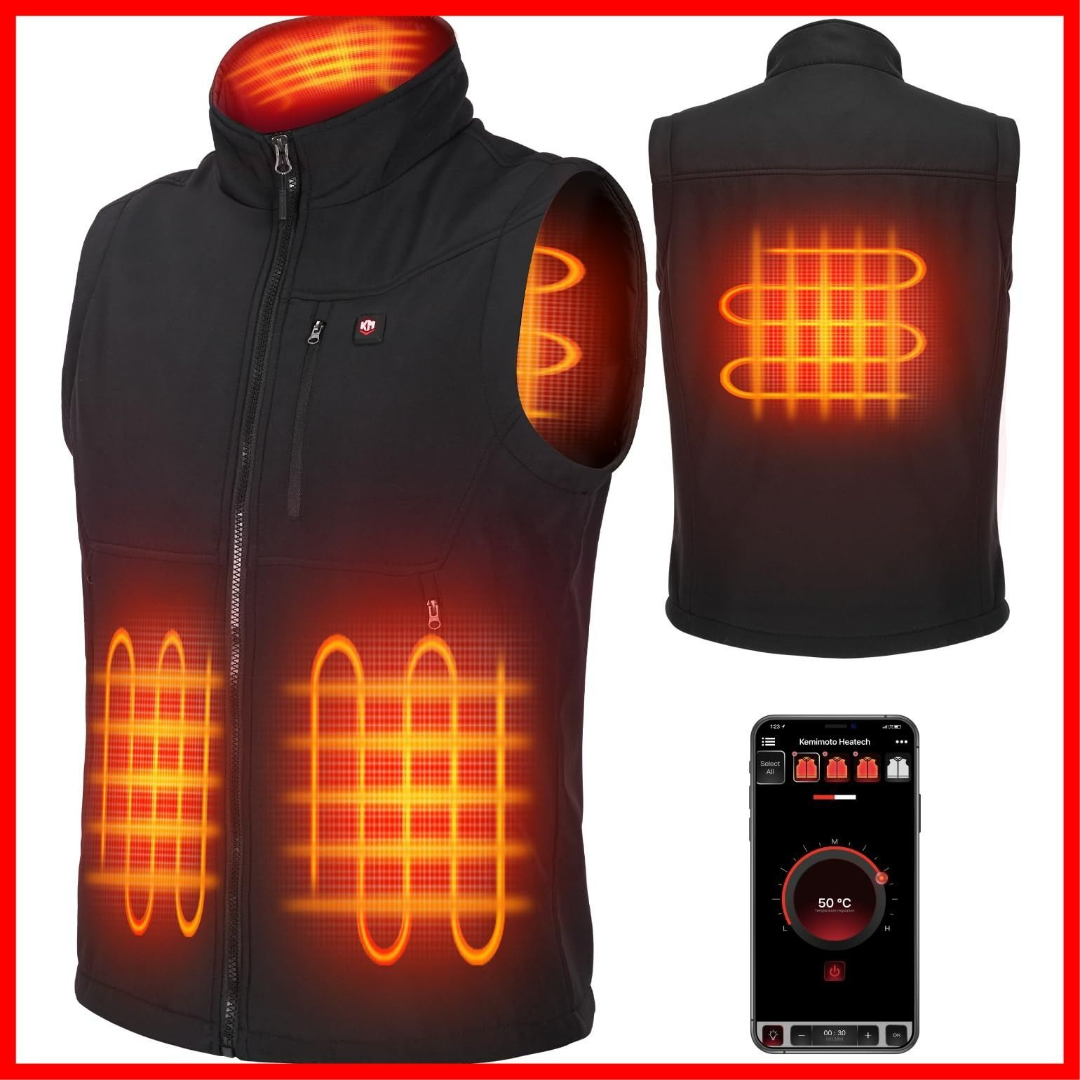 男女兼用 アウトドア 釣り 自転車 通勤 バイク 冬用 作業 冷凍庫 電熱インナー ヒートベスト 洗濯可 速暖軽量 3段階温度調整 USB給電 ライトオフ機能搭載 ヒーターベスト 電熱ベスト TypeC充電 前後独立調節 KEMIMOTO