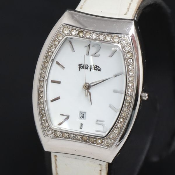 QZ フォリフォリ 石付 白文字盤 デイト レディース腕時計