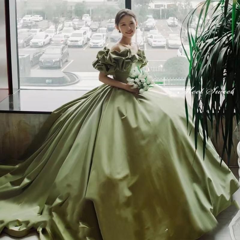 ドレス グリーン 緑 オフショルダー 前撮り 披露宴 ロングドレス 結婚式 二次会 発表会 演奏会 ウェディングドレス ウエディングドレス Aラインドレス