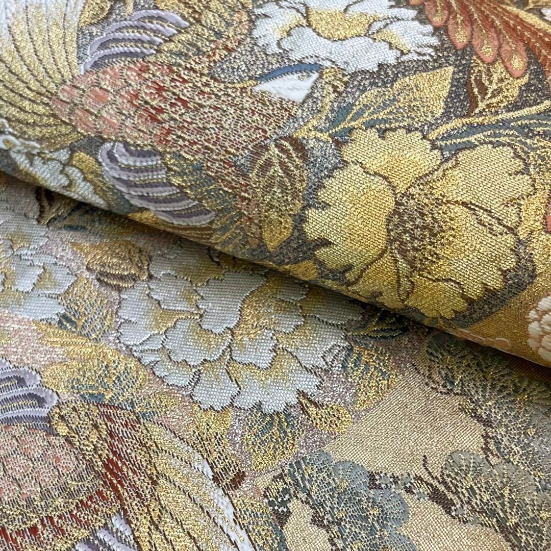☆ 袋帯 本金箔 麗姿芳薫丸文 鳳凰に花模様 金糸 ガード加工 O-4081 袋帯 本金箔 麗姿芳薫丸文 鳳凰に花模様 金糸 ガード加工 O-4081