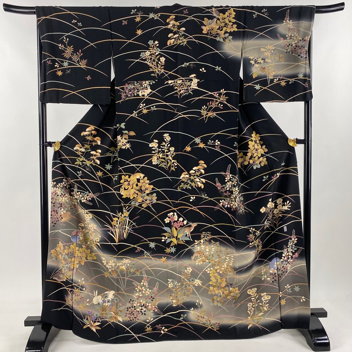 訪問着 身丈169cm 裄丈68cm L 袷 田村哲彦 落款 草花 うさぎ 染め分け ぼかし 墨色 正絹