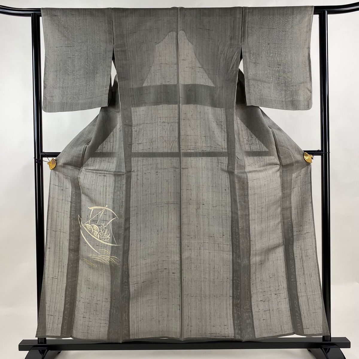 付下げ 身丈157cm 裄丈62cm S 薄物 紬地 帆船 波 金彩 灰緑 正絹 名品  