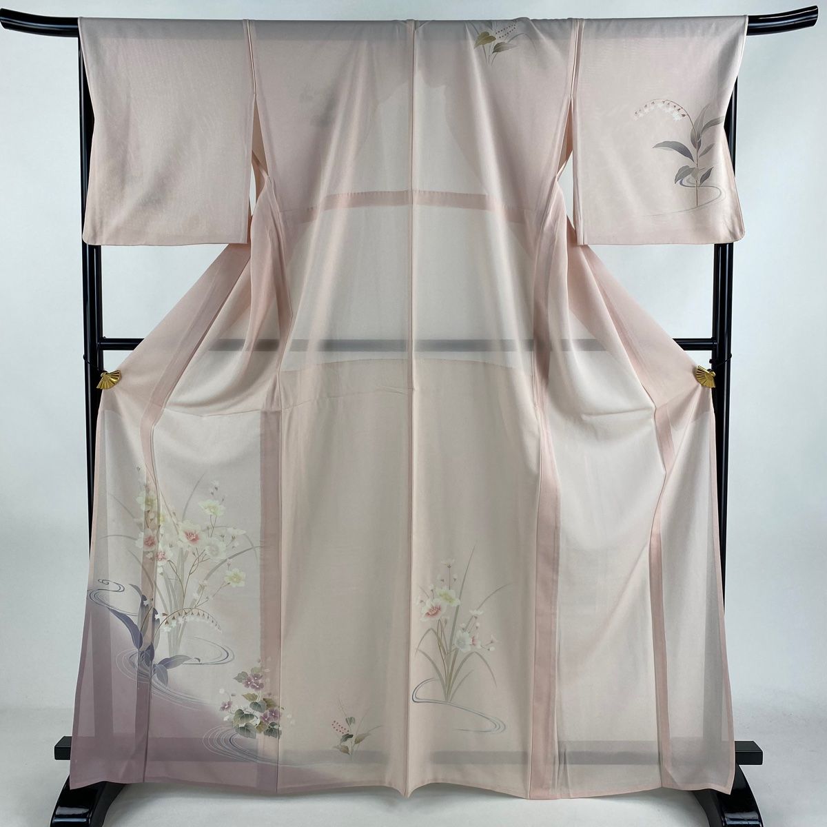 付下げ 身丈167.5cm 裄丈67.5cm L 薄物 絽 草花 流水 染め分け 薄ピンク 正絹 秀品
