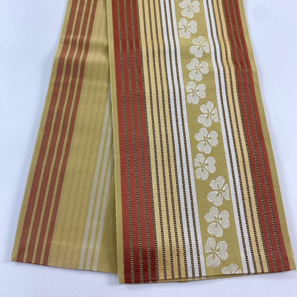 半幅帯 秀品 博多織 証紙 縞 花 黄土色 正絹