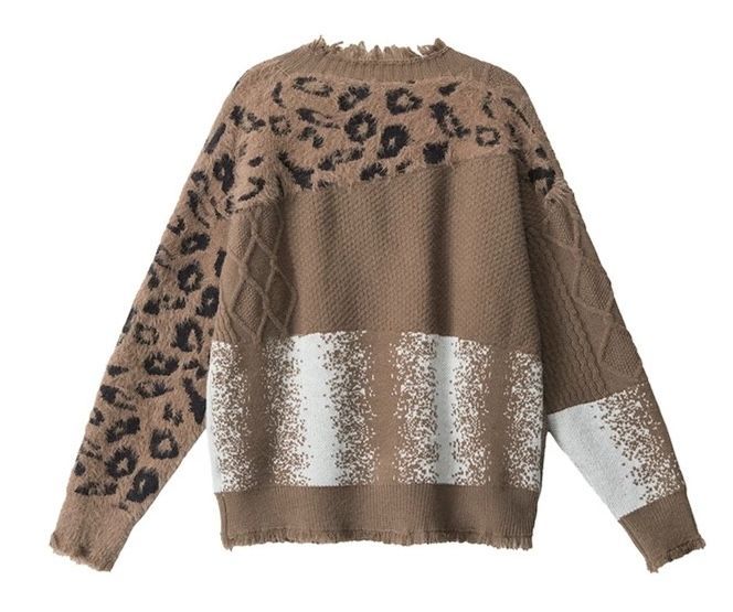 h アメリカンハイストリート ヴィンテージ風 レオパード×ジオメトリック ジャカード ニットカーディガン｜ユニセックス 美式 感 デザイン ニットアウター
