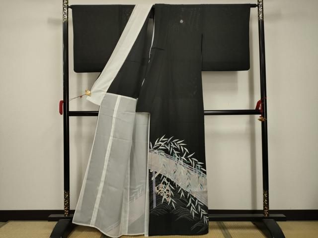 平和屋着物*夏物 黒留袖 絽 作家物 刺繍 渡橋風景文 銀彩 洗える着物 AABB8829sx