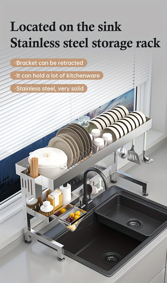 シンク上を有効活用 伸縮式ステンレス製食器ラック ラージ