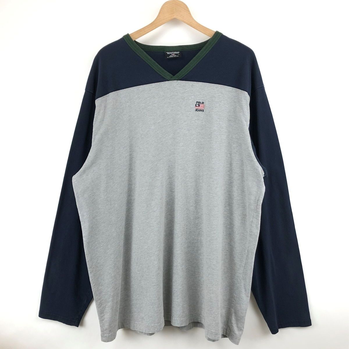 【古着】 RALPH LAUREN ラルフローレン POLO JEANS Tシャツ 切り換え 刺繍 made in USA 長袖 グレー系 メンズXL 【中古】 n023897