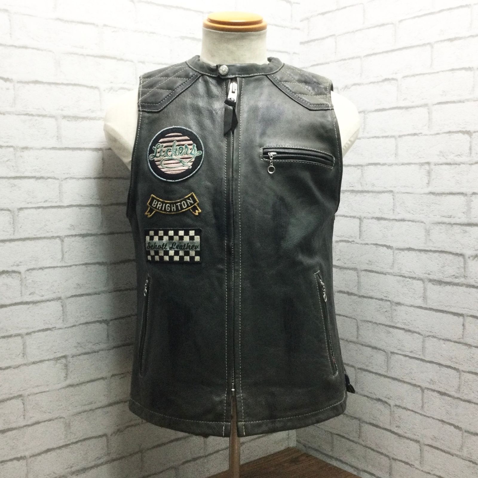 ●中古Schottショット ワッペン装飾サイドラインレザーシングルライダースM ○中古Schottショット ワッペン装飾サイドラインレザーシングル