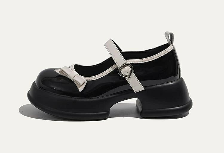 【セール】ストラップ パンプス 太ヒール 厚底 PUレザーメリージェーン靴 リボン 黒白 可愛い きれいめ 厚底靴 レディース 学生 卒業 発表会 女性用 個別調節