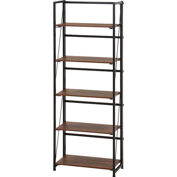 収納棚 オープンラック 約幅610mm 5段 ブラウン 折りたたみ式 アジャスター付 折りたたみシェルフ 完成品 リビング ダイニング