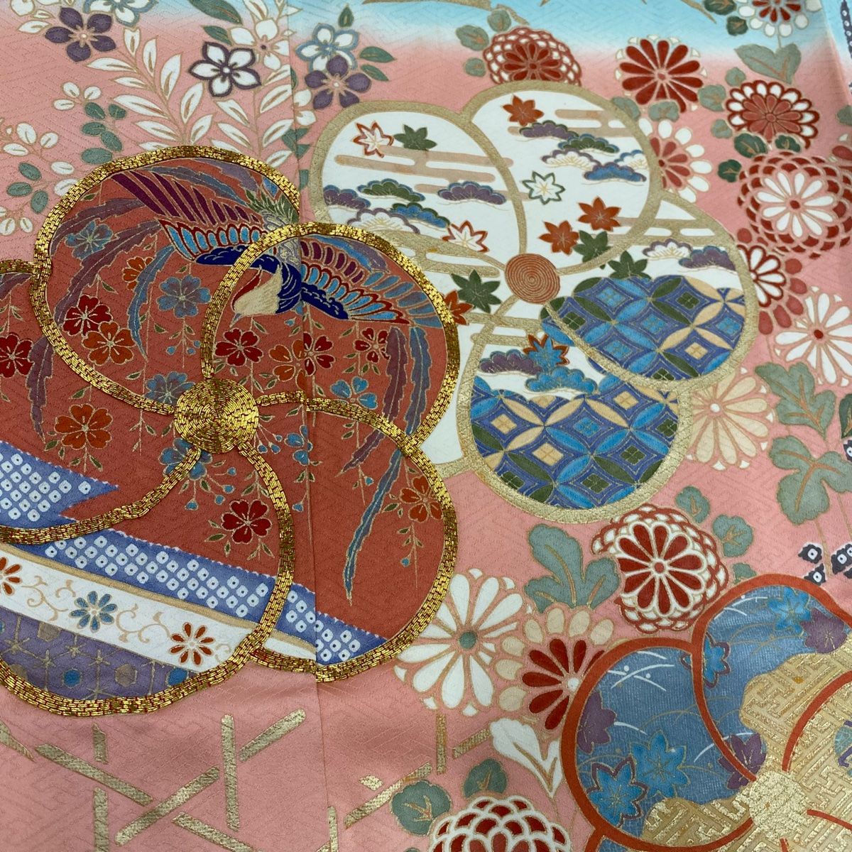 振袖 身丈157.5cm 裄丈65.5cm M 袷 ねじ梅 花鳥 金糸 金彩 水色 正絹  