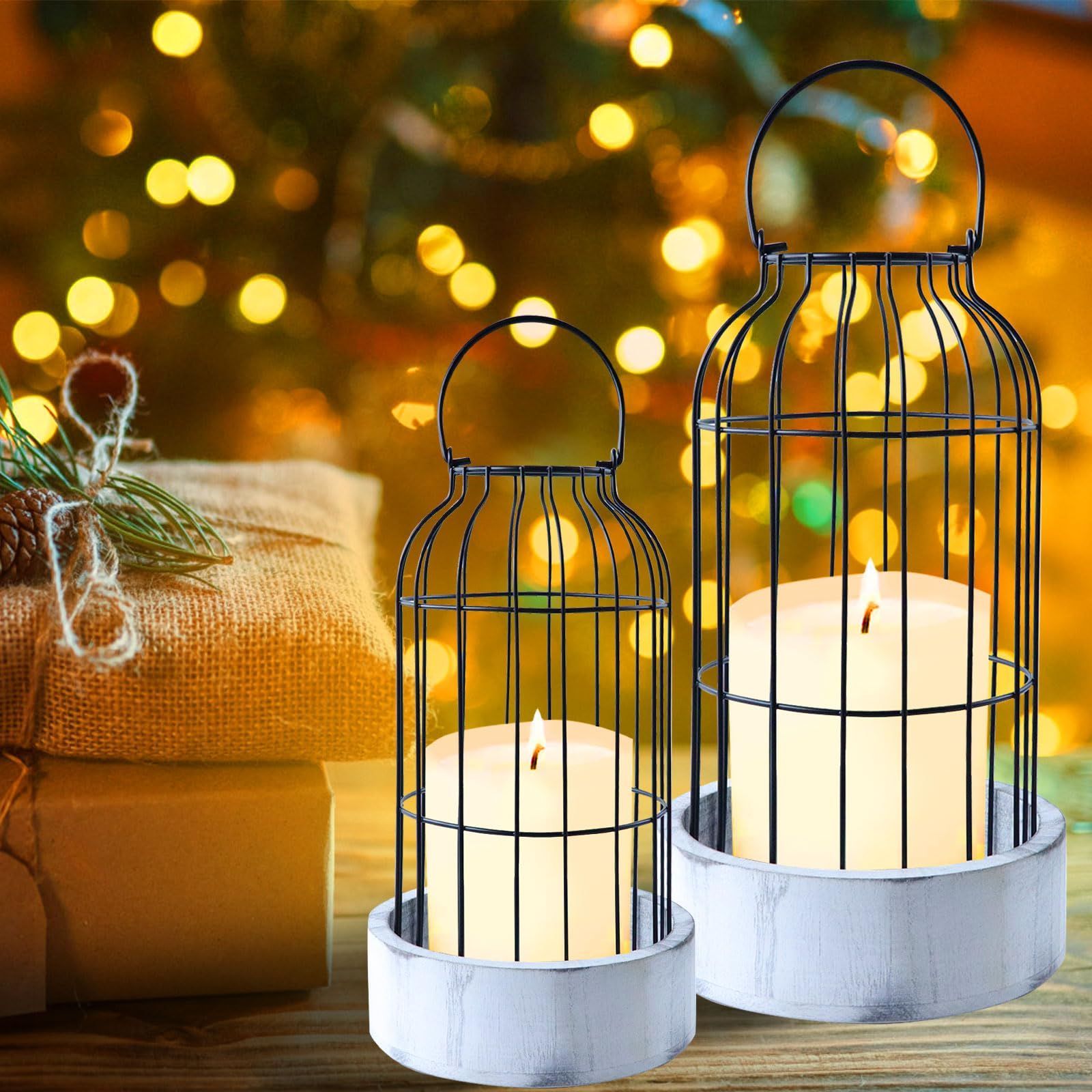 コーヒーテーブル キッチン リビングルーム 玄関 ファームハウス装飾 ヴィンテージローソク足の装飾間接照明 ブラックケージレトロ 装飾 装飾キャンドルホルダー キャンドルランタン セット 2個 Qivine