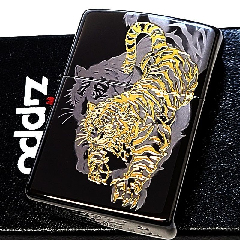 ZIPPO ライター 虎 細密レーザー彫刻＆金差し 和柄 ブラックニッケル