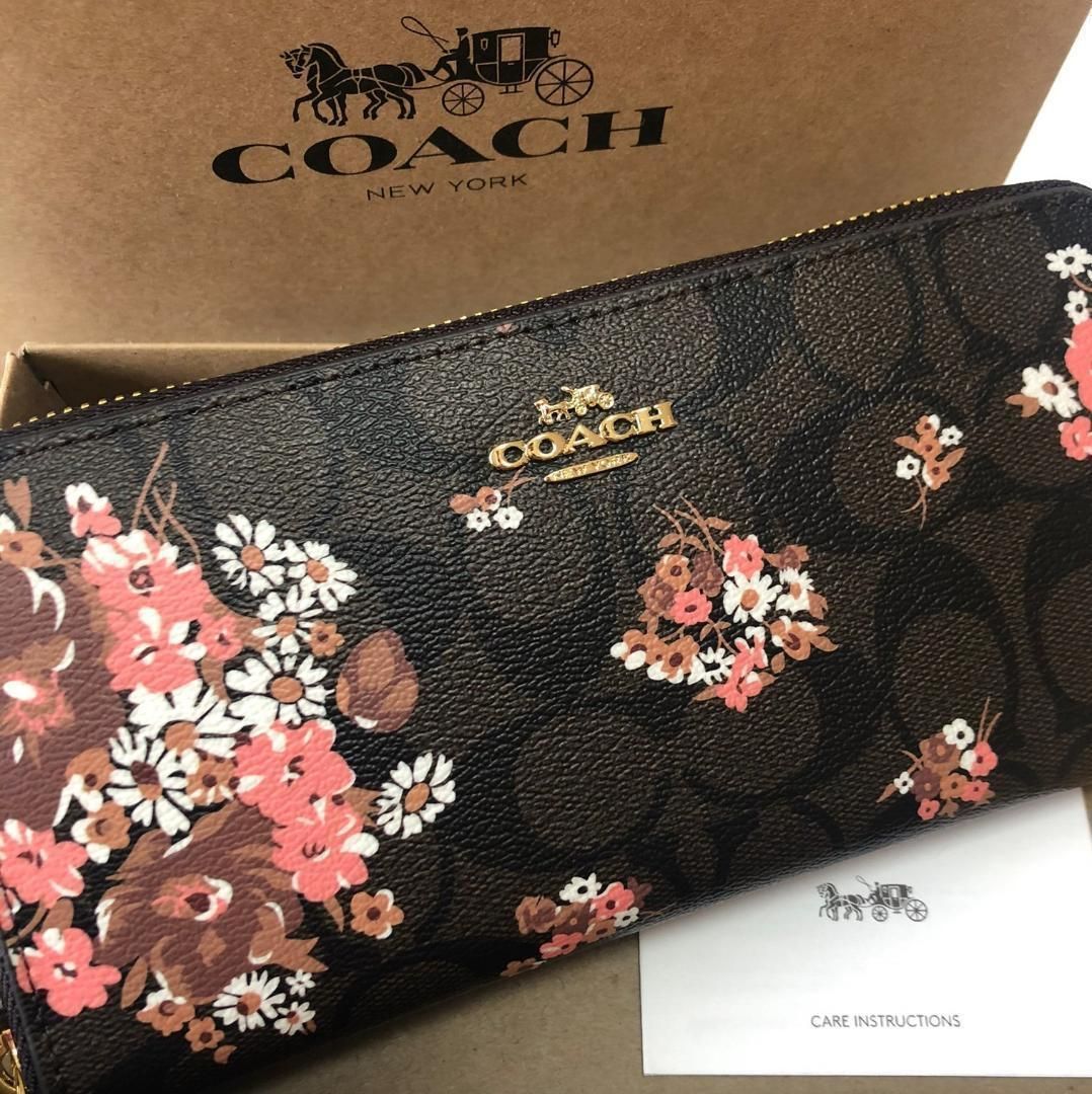 COACH 新品 レディース 花柄 長財布 茶 コーチ ブラウン 財布 104