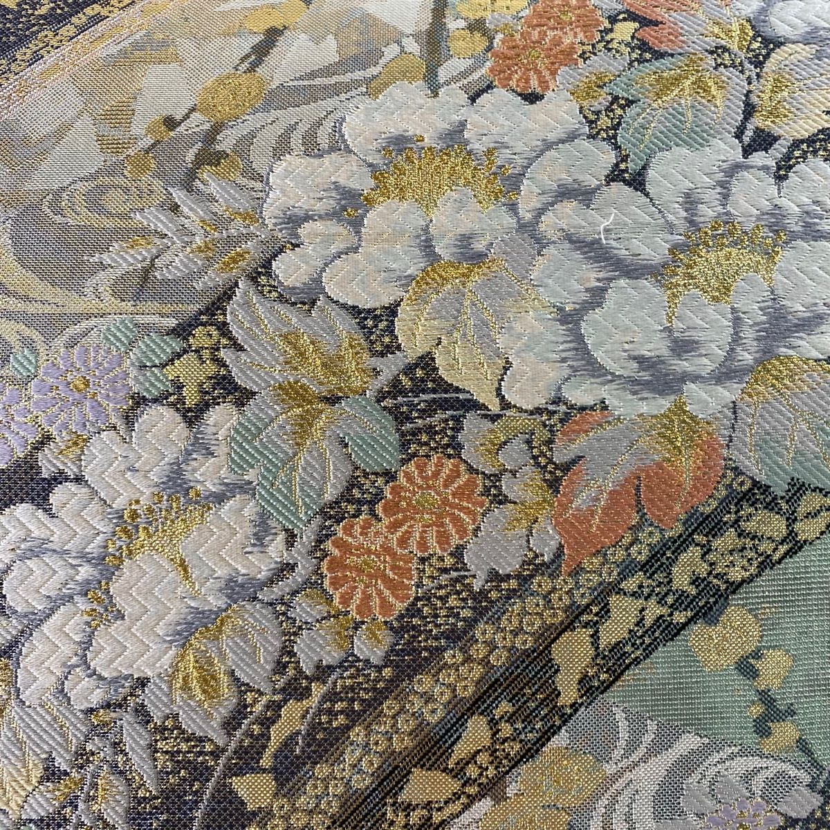 袋帯 美品 秀品 草花 流水 金銀糸 箔 灰緑 六通 正絹 【中古
