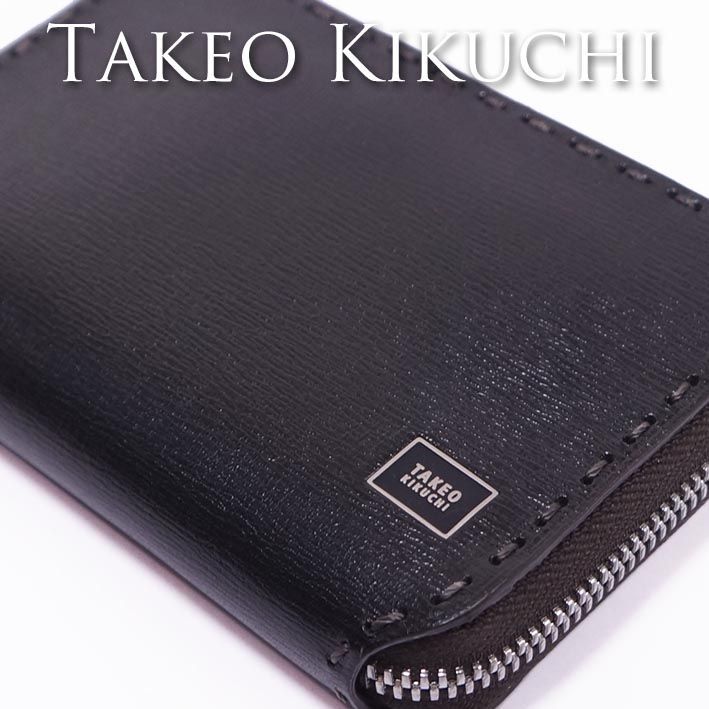 タケオキクチ TAKEO KIKUCHI 牛革 ラウンドファスナー セミ長財布 二つ折り財布 ブラック 黒 メンズ 定価16,500円 レザー 本革 Conceria800社 ミドルウォレット