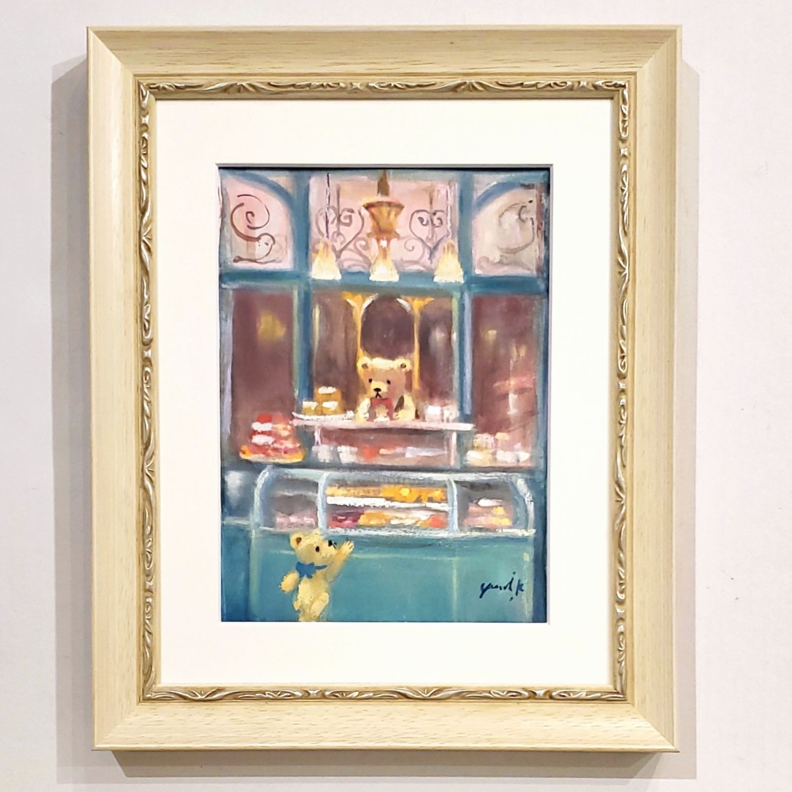 絵画 ｢クマ達のパティスリー｣ 19×14cm 水彩|パステル 額付き 神之浦由美 テディベア パリ 作品 原画