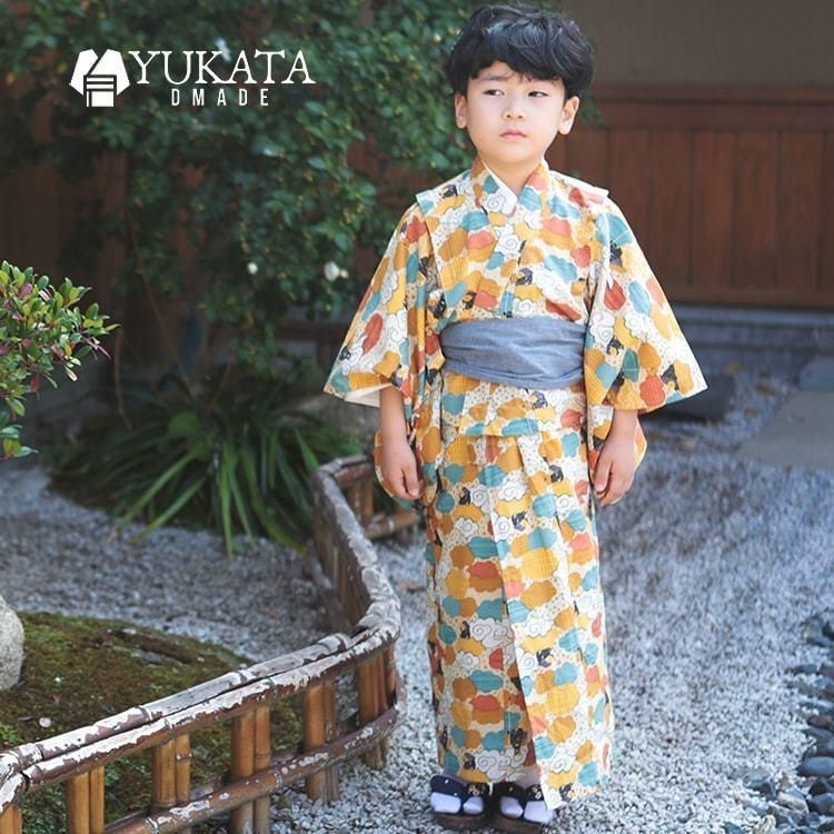 浴衣 子供 男の子 瑞雲 キッズ 2点セット 浴衣 兵児帯 イエロー 中華風 浴衣セット キッズ レトロ 子供服 夏祭り 古典 花火大会 2025
