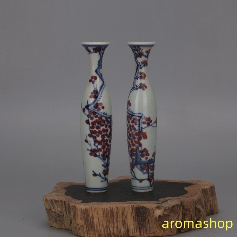 彩 梅花紋 花瓶 柳葉瓶 一対 花柄 陶磁器 観賞 置物 中国陶磁 収蔵品 鑑賞 中国美術品 景徳鎮 収蔵 コレクション
